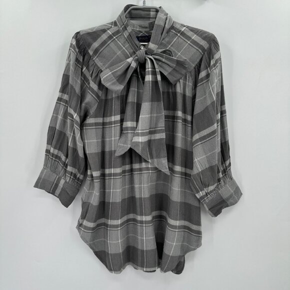 POLO Ralph Lauren Gray Flannel Plaid Tie-Neck Blouse Size S Small Top NWT - Picture 1 of 11